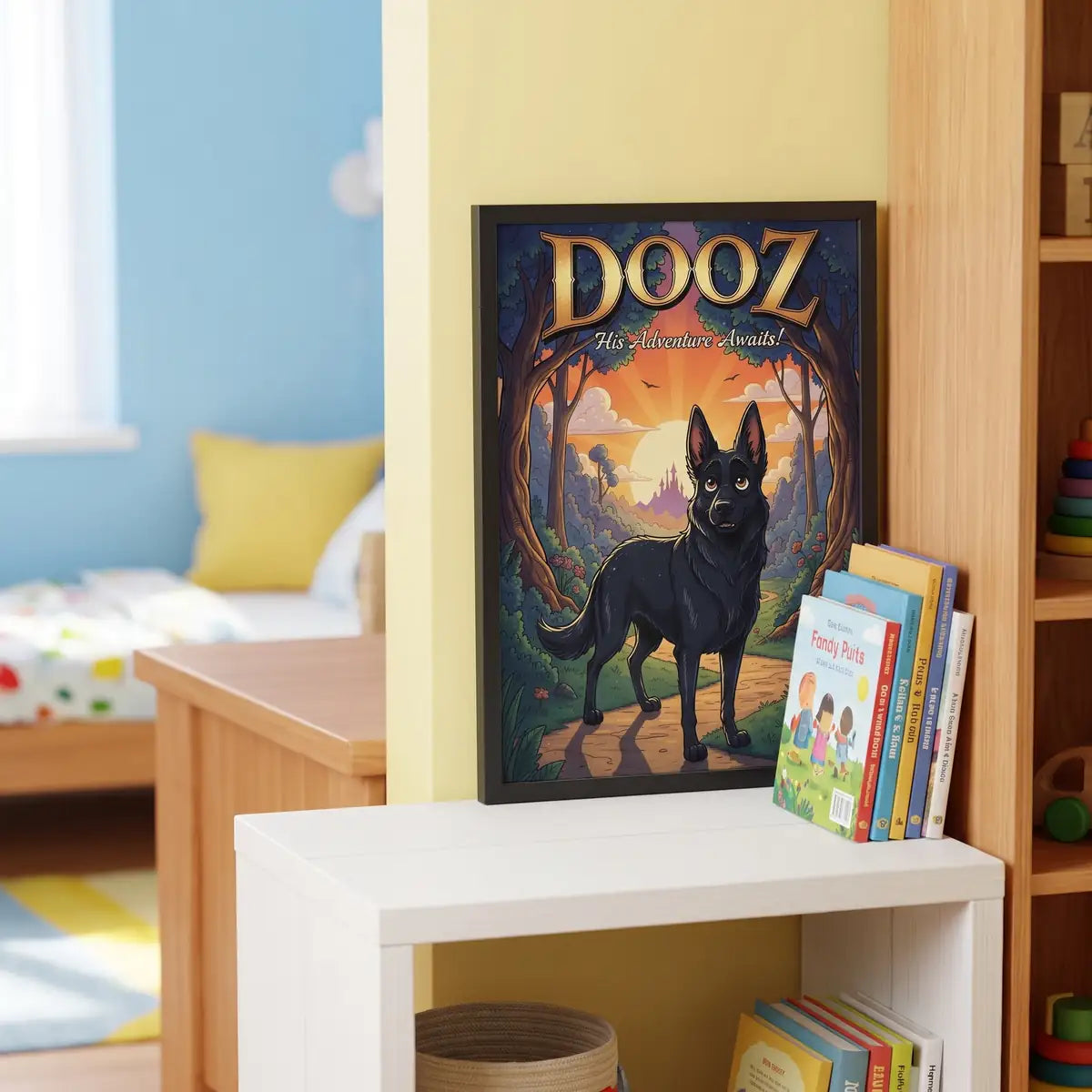 Cartoon Custom Pet Portrait on a shelf in a child's room