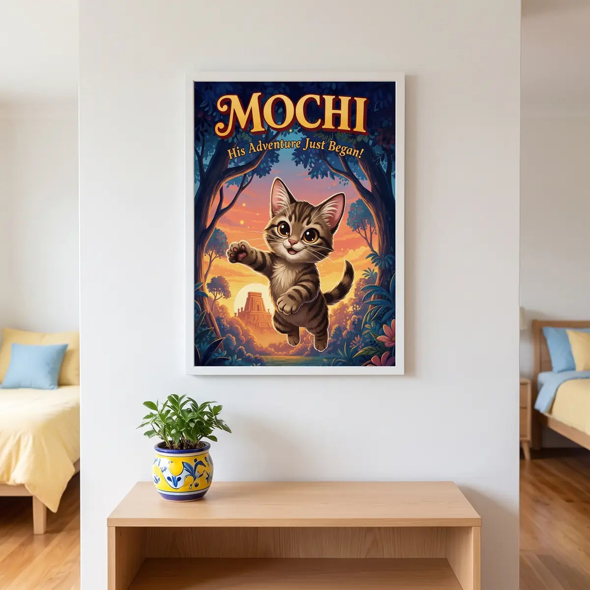 Cartoon Custom Pet Portrait hanging on the wall above a console table