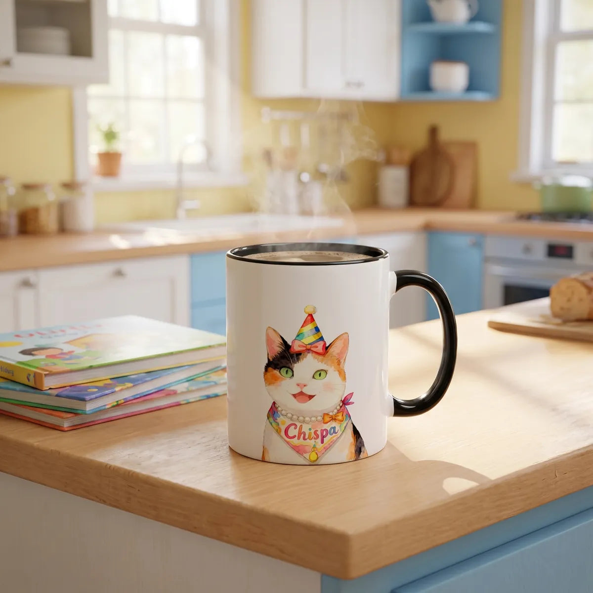 Celebrate Custom Pet Colorful Mug on a kitchen counter in the morning light