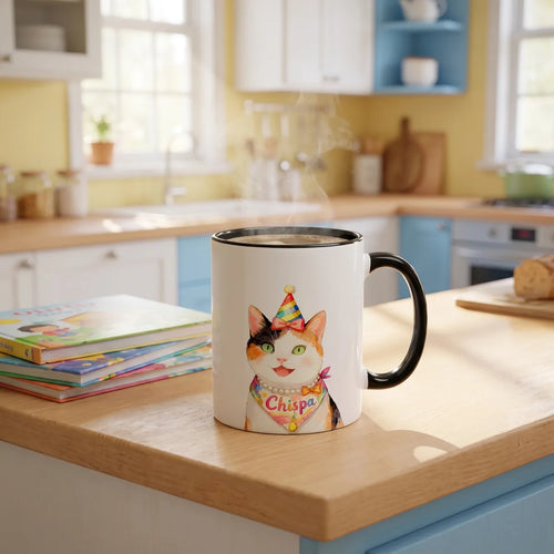Celebrate Custom Pet Colorful Mug on a kitchen counter in the morning light
