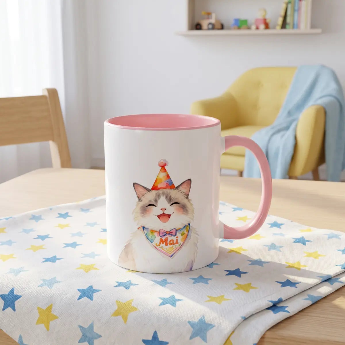 Celebrate Custom Pet Colorful Mug photographed on a soft cloth surface