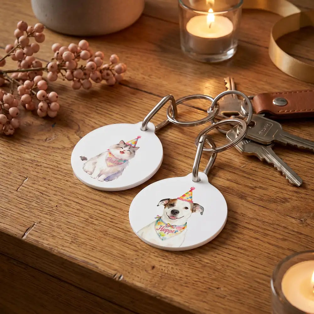 Celebration Keychain on a desk