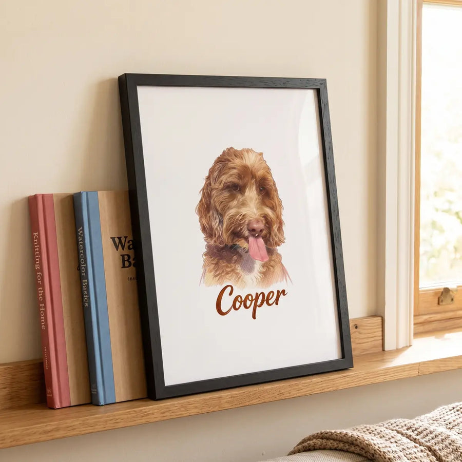 Color Pencil Custom Pet Portrait in a styled home setting