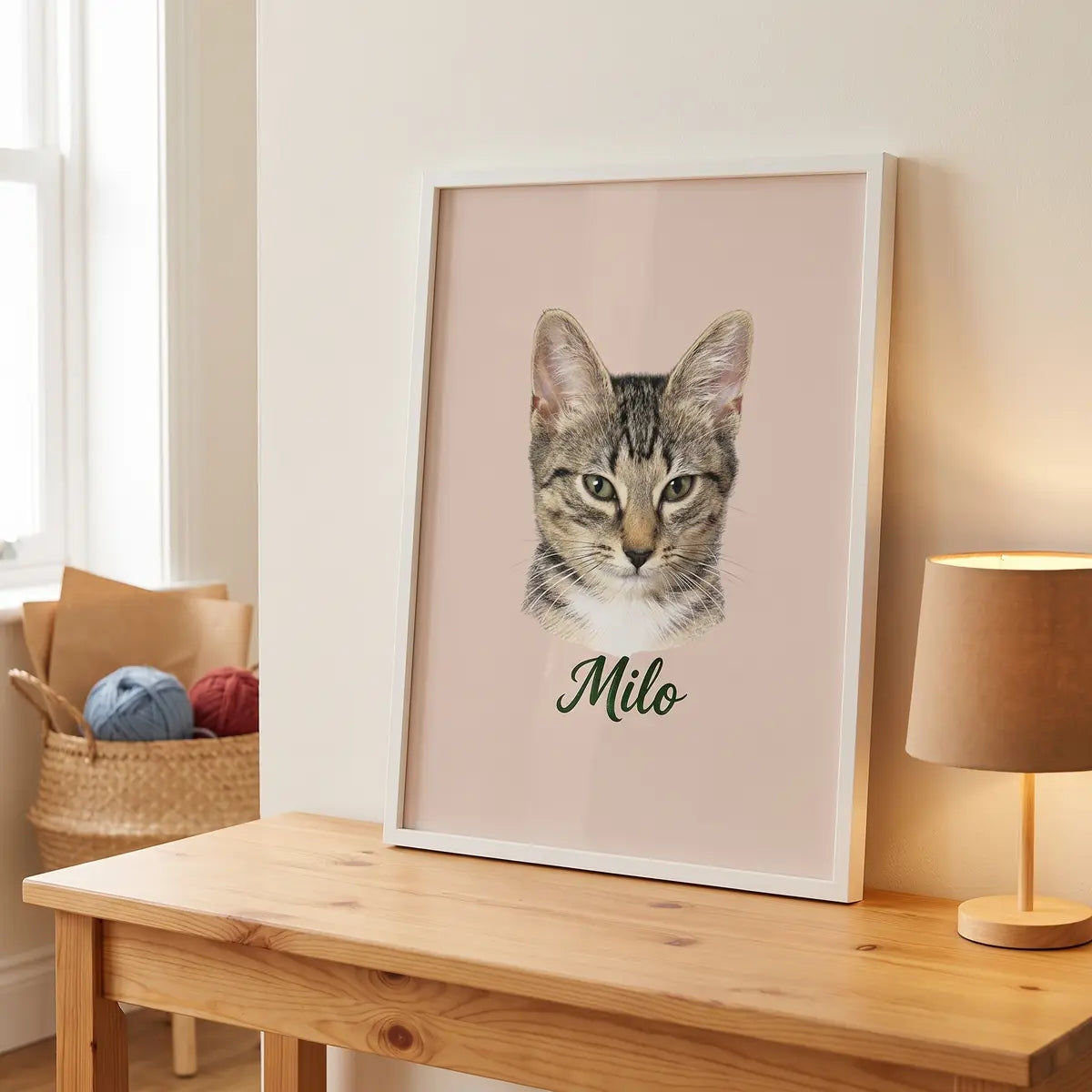 Color Pencil Custom Pet Portrait standing on a console table beside a lamp