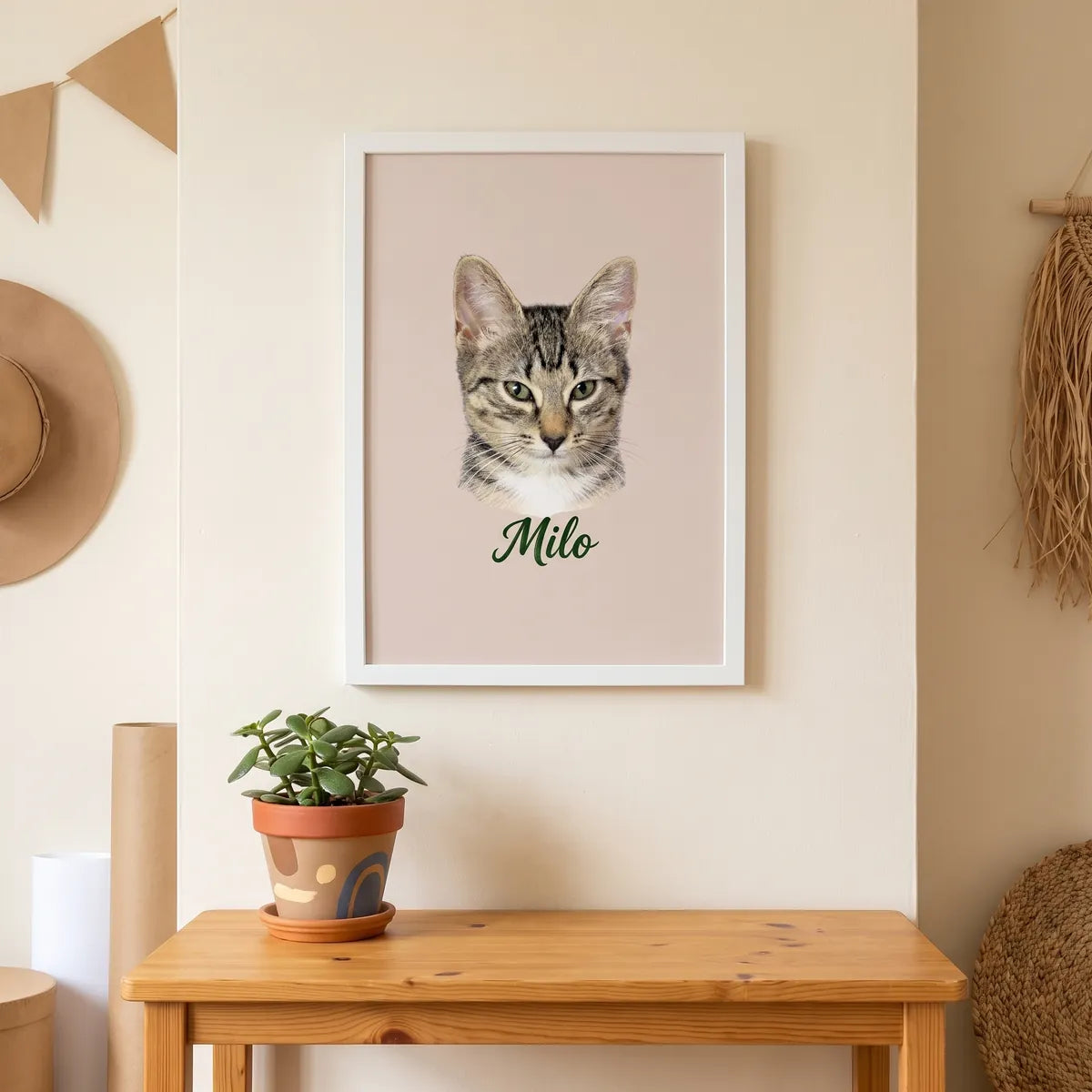 Color Pencil Custom Pet Portrait hanging on the wall above a console table