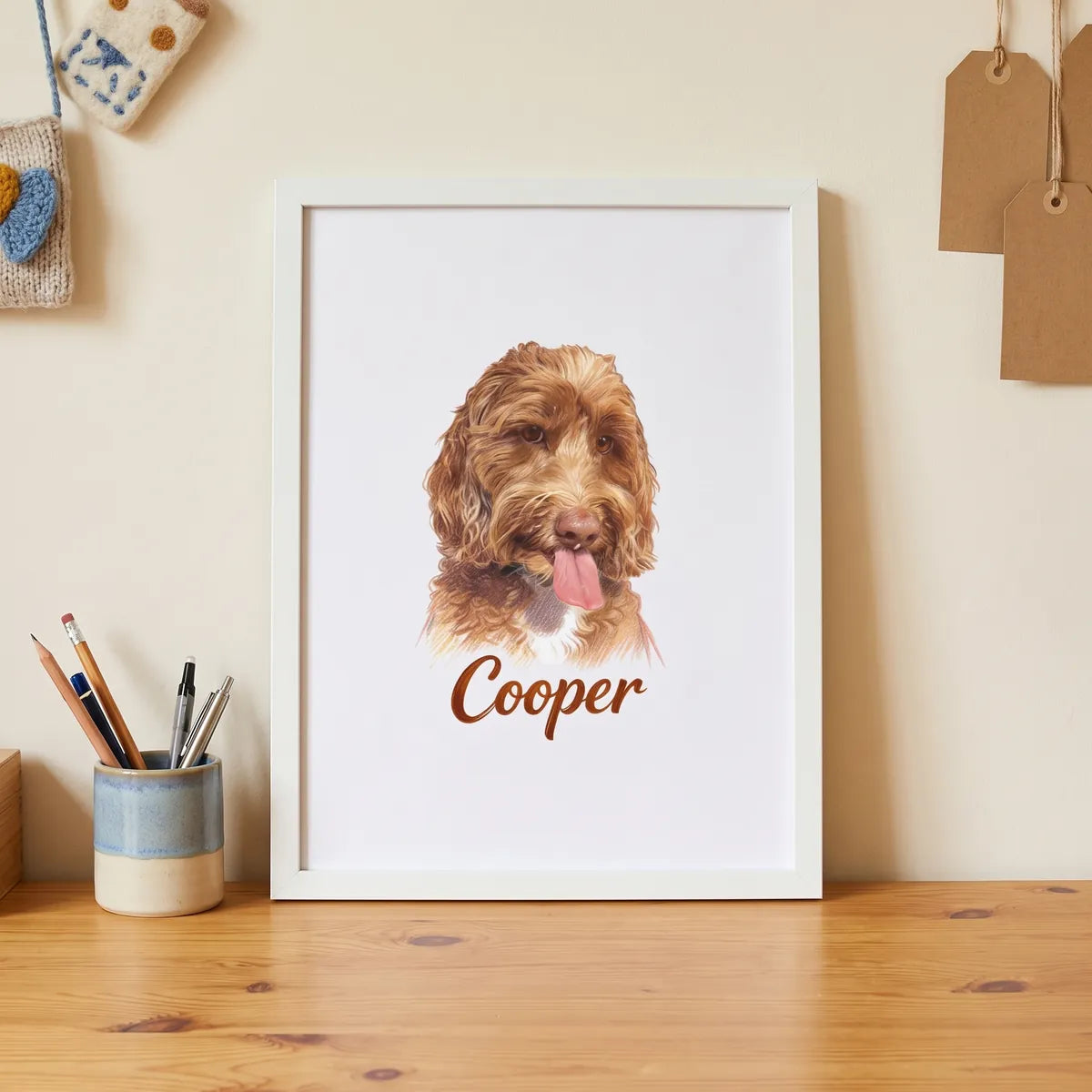 Color Pencil Custom Pet Portrait propped on a desk against the wall