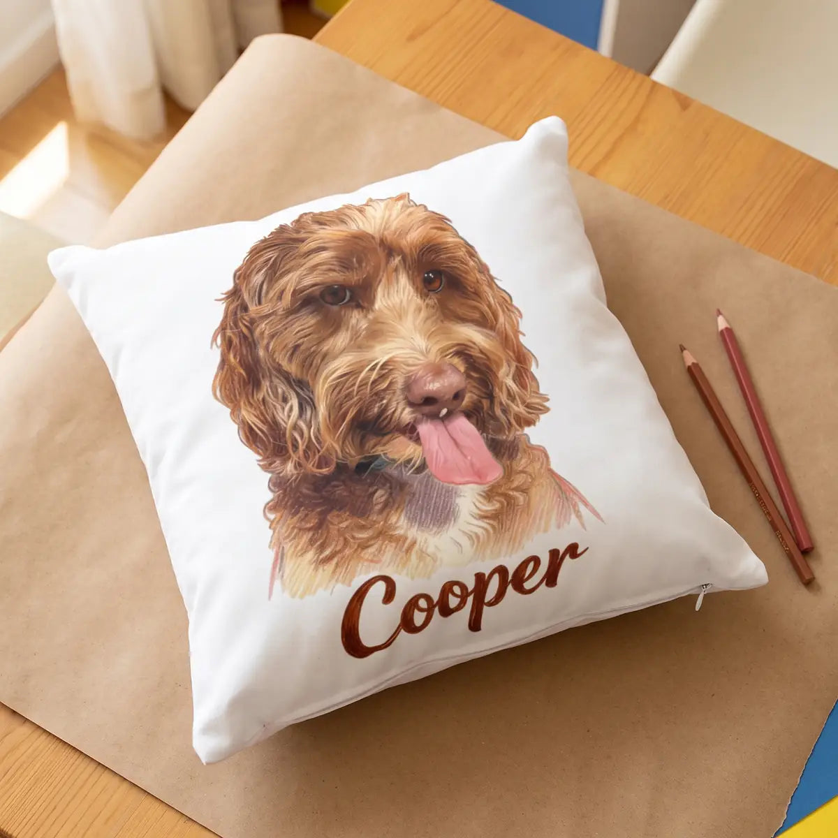 Color Pencil Throw Pillow 18"X18" photographed flat from above on linen
