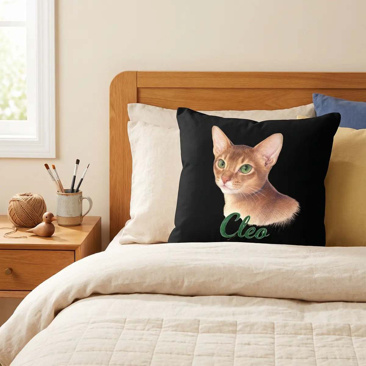 Color Pencil Throw Pillow 18"X18" at the head of a made bed