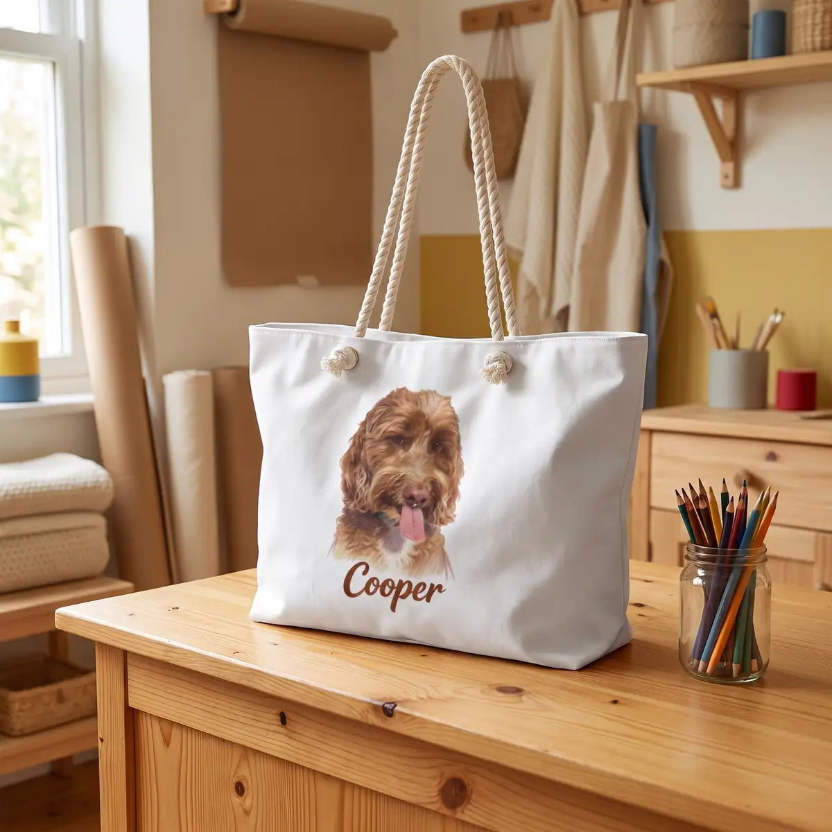 Color Pencil Weekender Bag standing on a kitchen counter