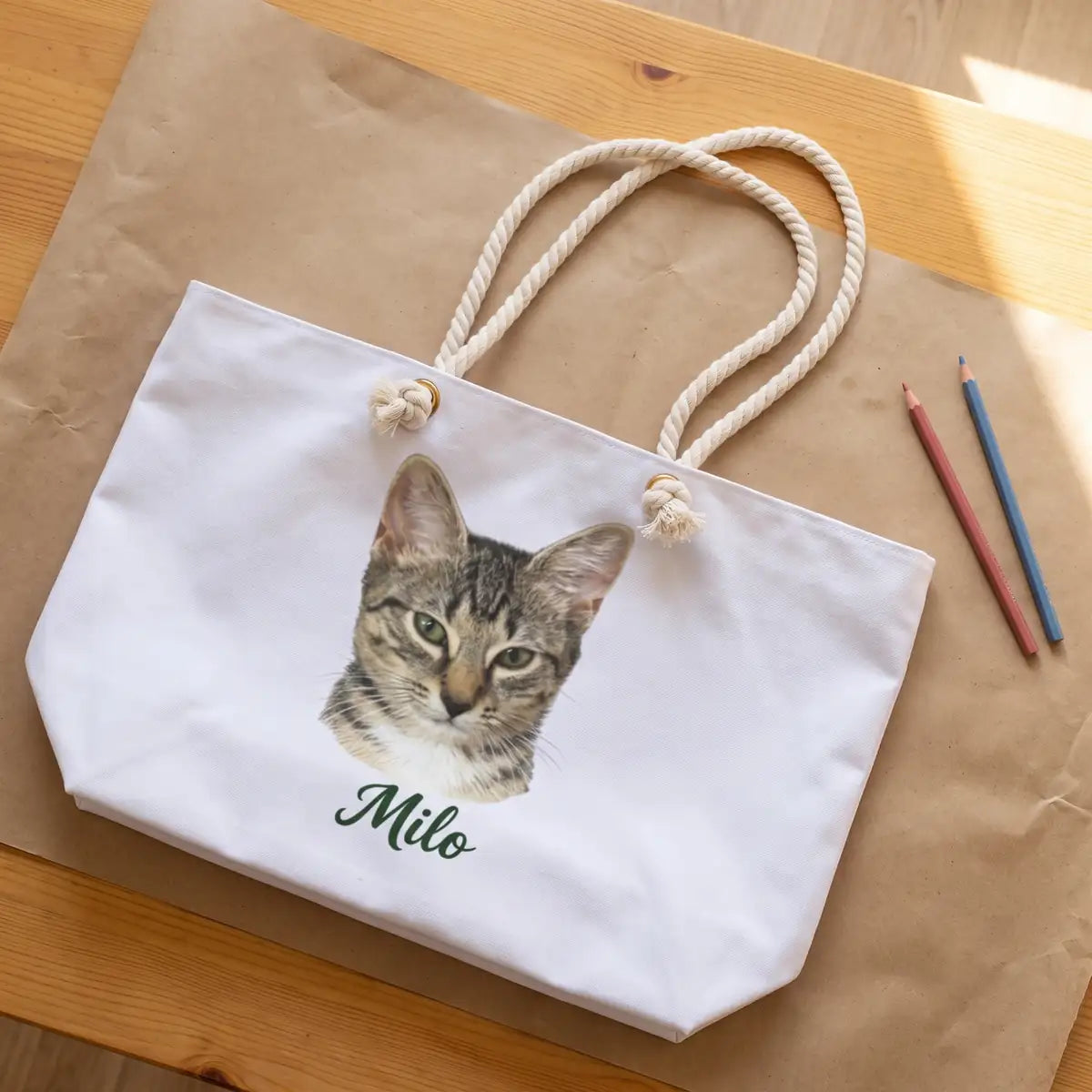 Color Pencil Weekender Bag photographed flat from above on linen