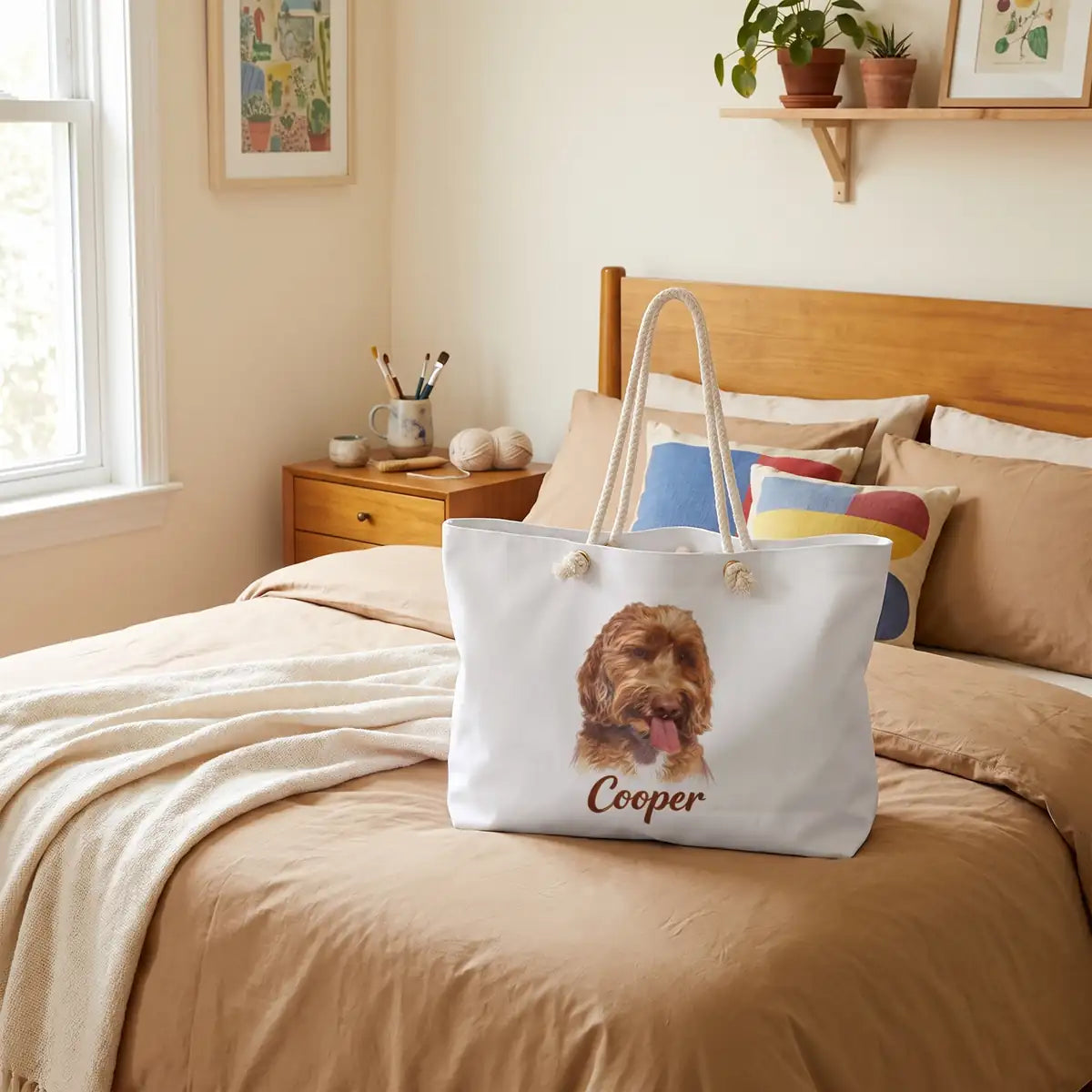 Color Pencil Weekender Bag packed and sitting on a bed