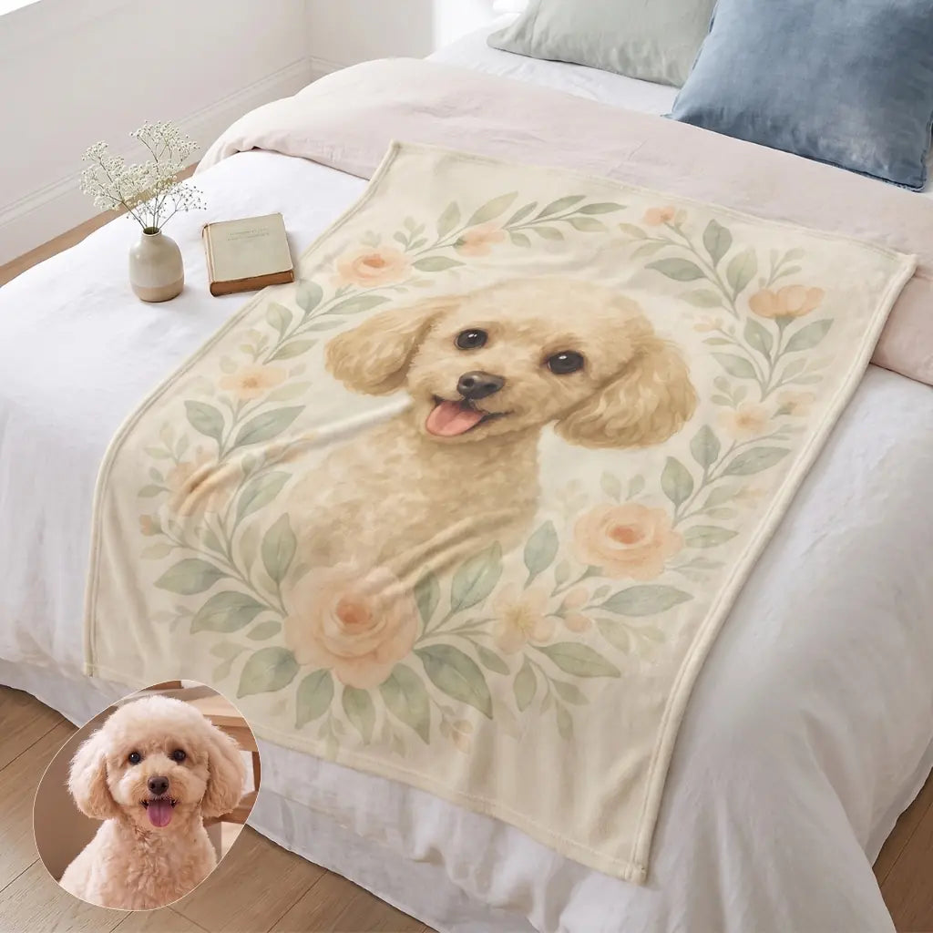 Cozy Floral Custom Pet Blanket spread across the foot of a bed