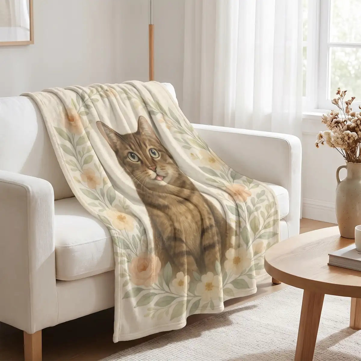 Cozy Floral Custom Pet Blanket draped over a sofa