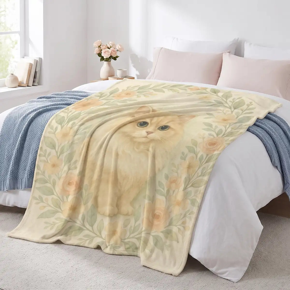 Cozy Floral Custom Pet Blanket spread over a bed