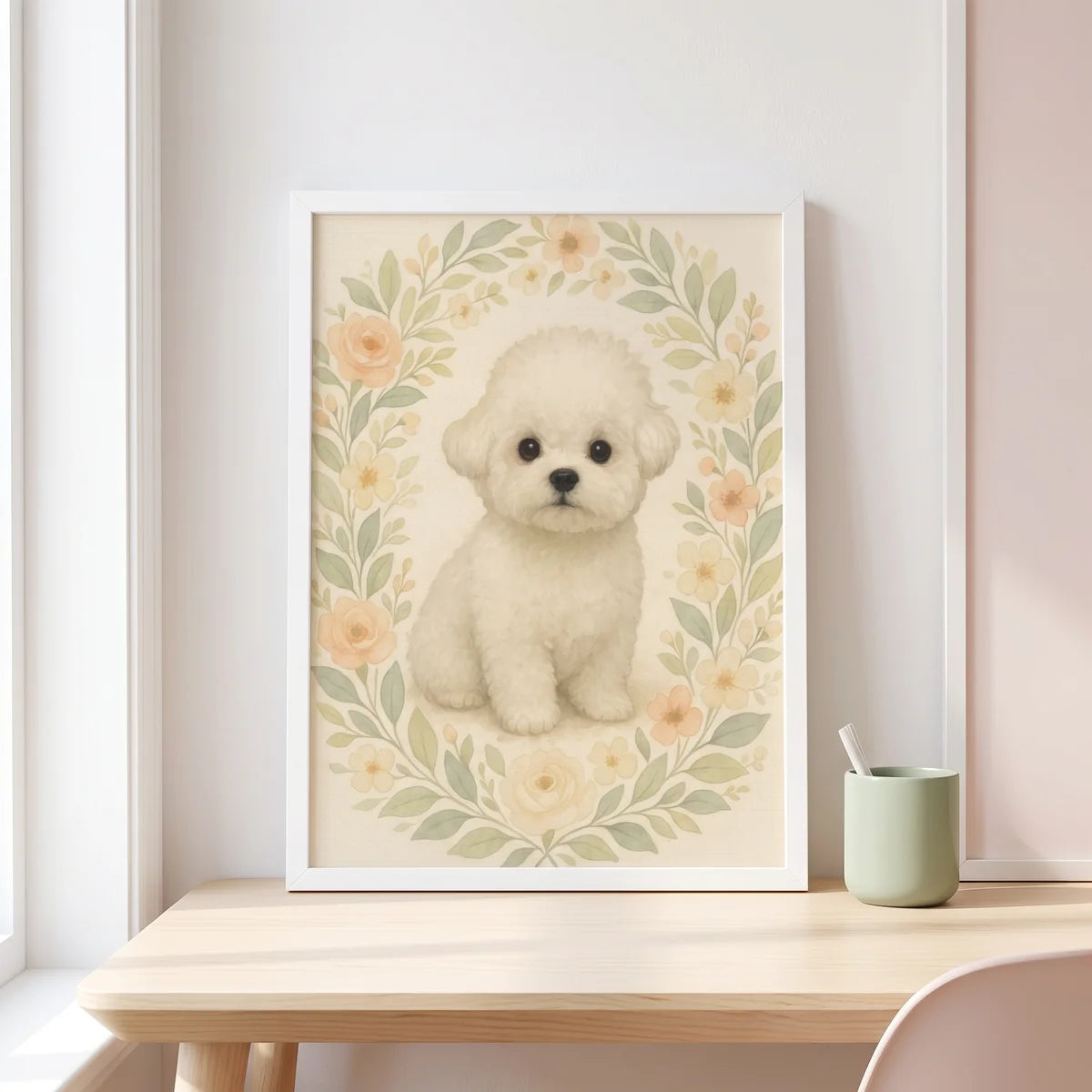 Cozy Watercolor Custom Pet Portrait propped on a desk against the wall