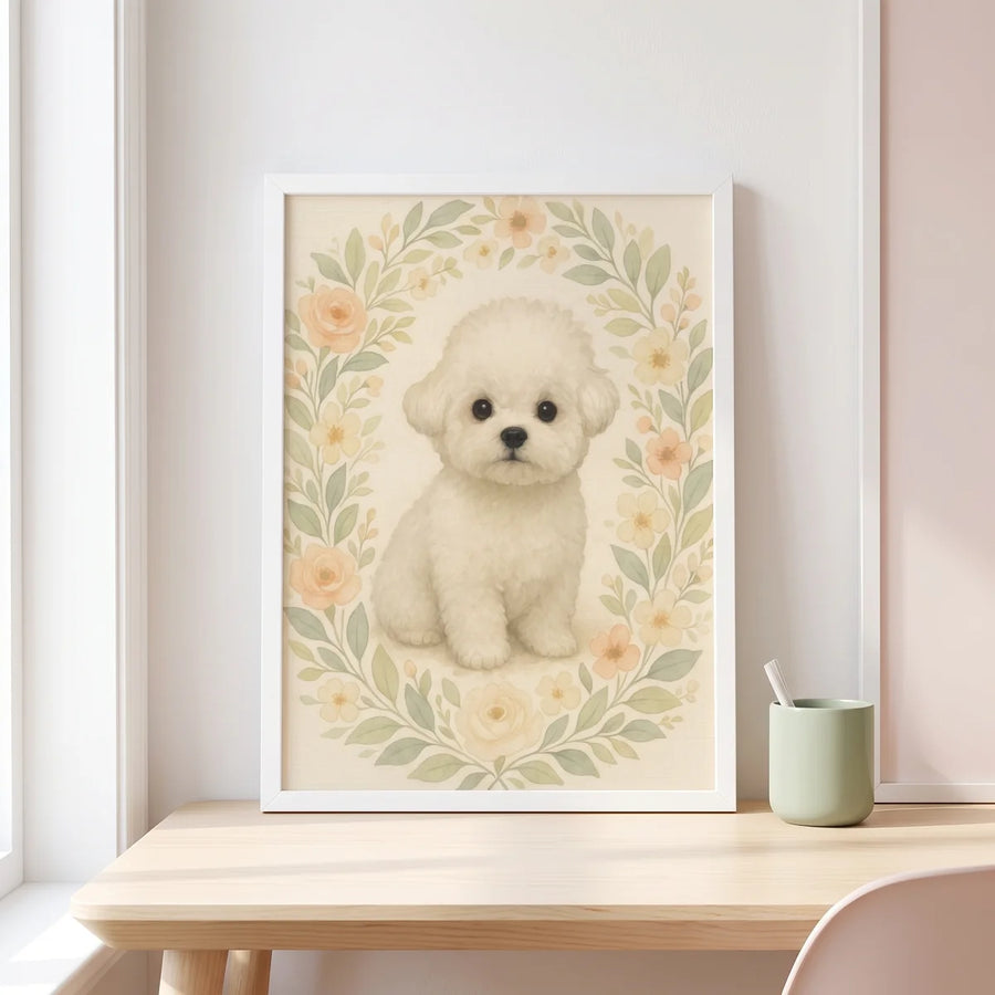 Cozy Watercolor Custom Pet Portrait propped on a desk against the wall