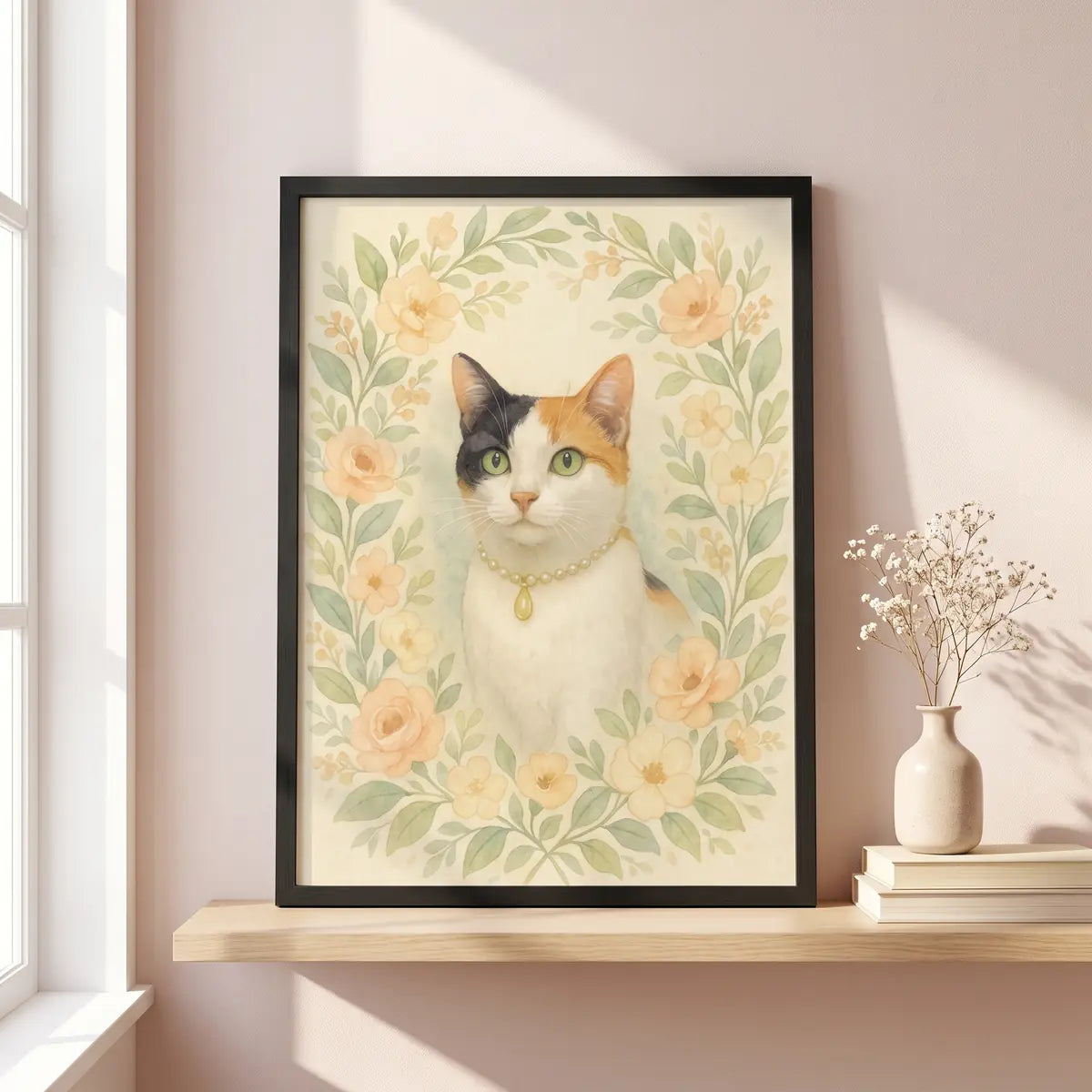 Cozy Watercolor Custom Pet Portrait in a styled home setting