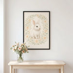 Cozy Watercolor Custom Pet Portrait hanging on the wall above a console table