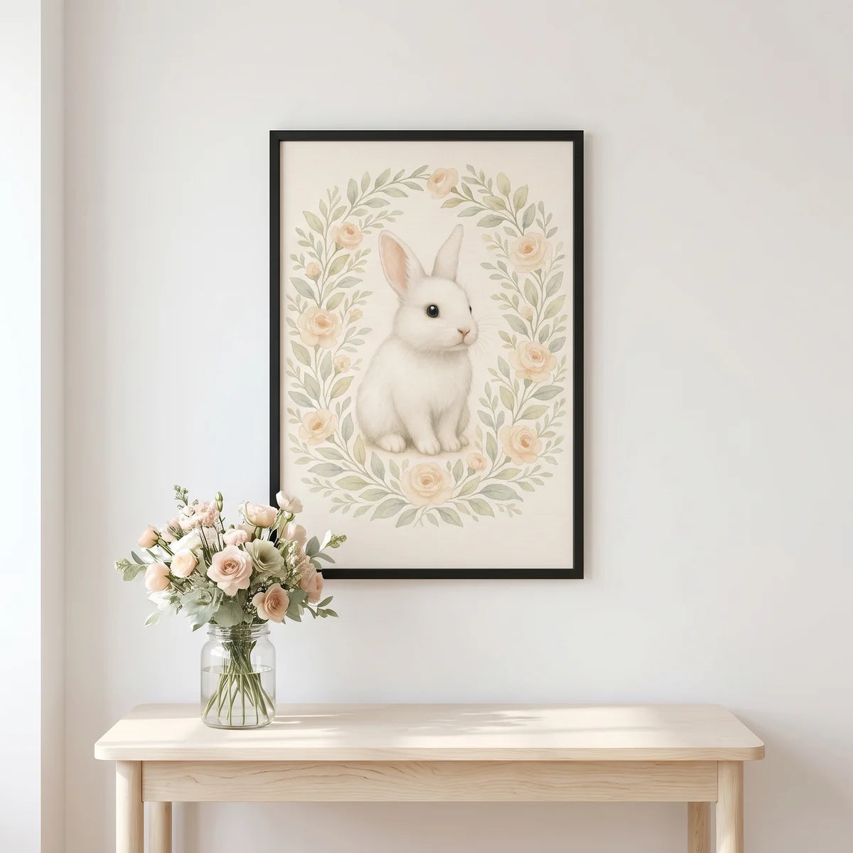 Cozy Watercolor Custom Pet Portrait hanging on the wall above a console table