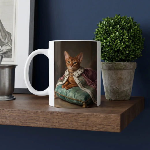Custom Aristocratic Pet Mug on a shelf beside a plant