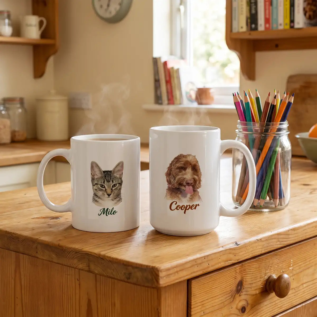 Custom Color Pencil Mug on a kitchen counter in the morning light