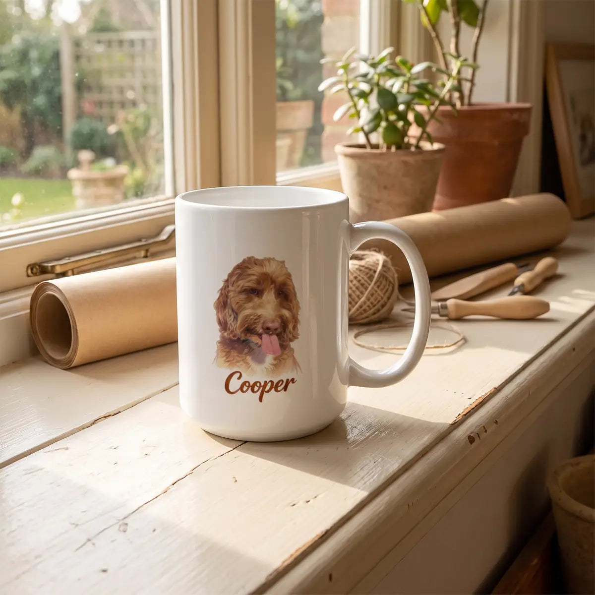 Custom Color Pencil Mug on a sunlit window sill