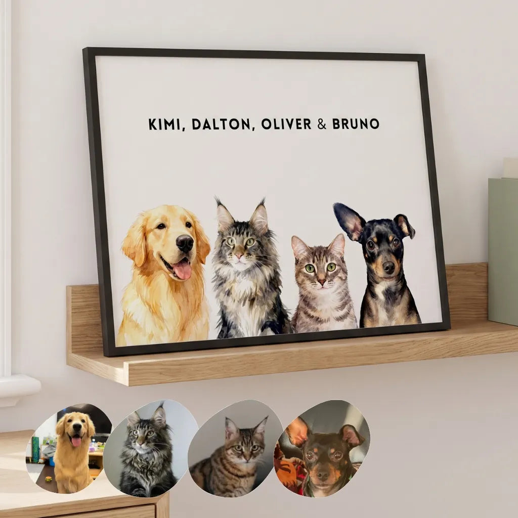Custom Watercolor Four Pet Portrait resting on a picture ledge