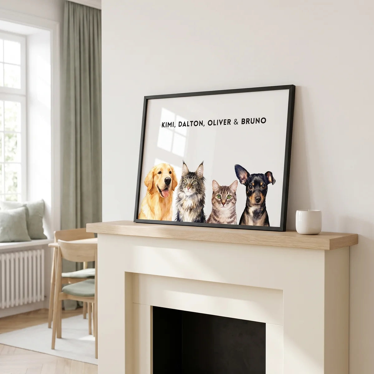 Custom Watercolor Four Pet Portrait resting on a mantelpiece