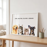 Custom Watercolor Four Pet Portrait propped on a desk against the wall