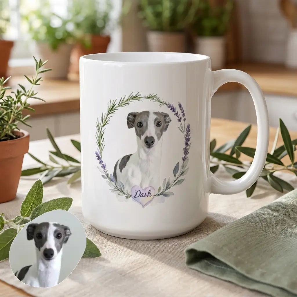 Custom Herb Wreath Mug photographed on a soft cloth surface