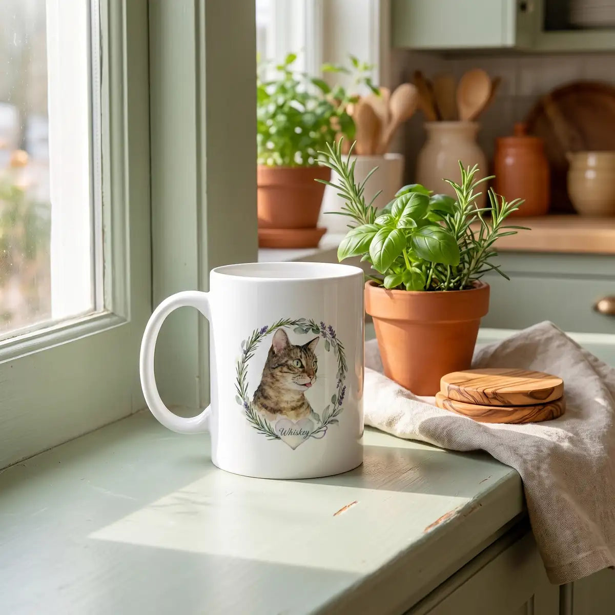 Custom Herb Wreath Mug on a sunlit window sill