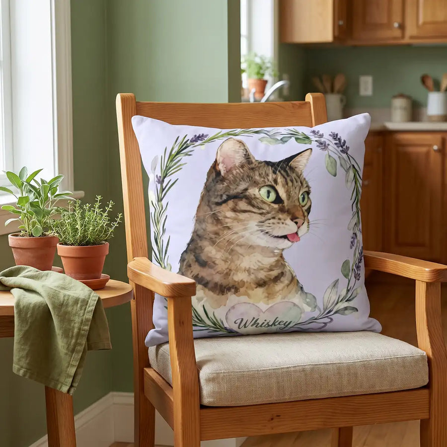 Custom Herb Wreath Throw Pillow 18"X18" on the seat of a chair