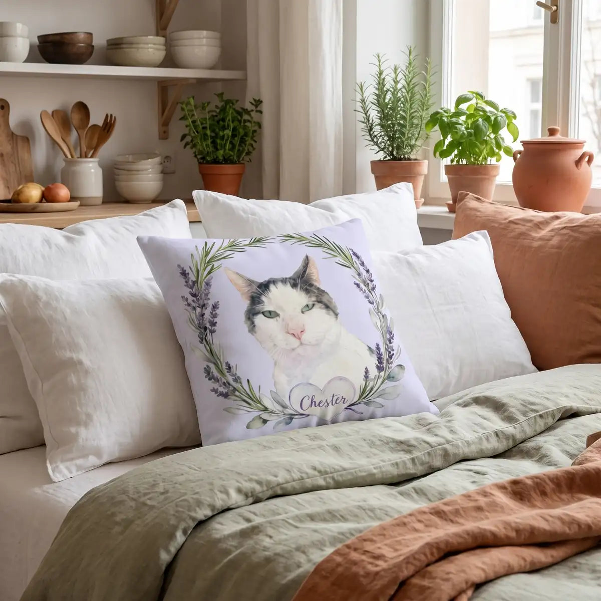 Custom Herb Wreath Throw Pillow 18"X18" resting against the pillows on a bed