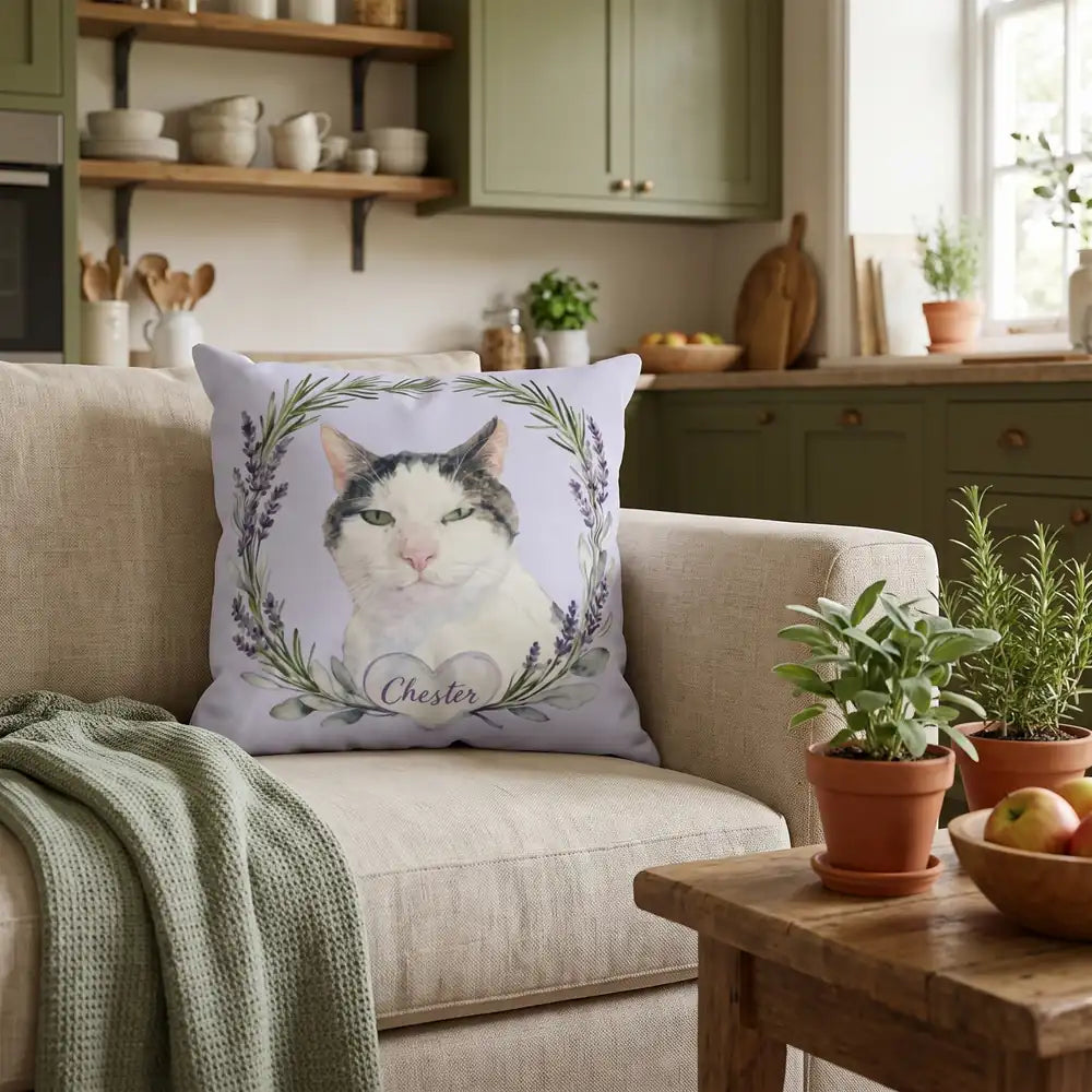 Custom Herb Wreath Throw Pillow 18"X18" propped in the corner of a sofa