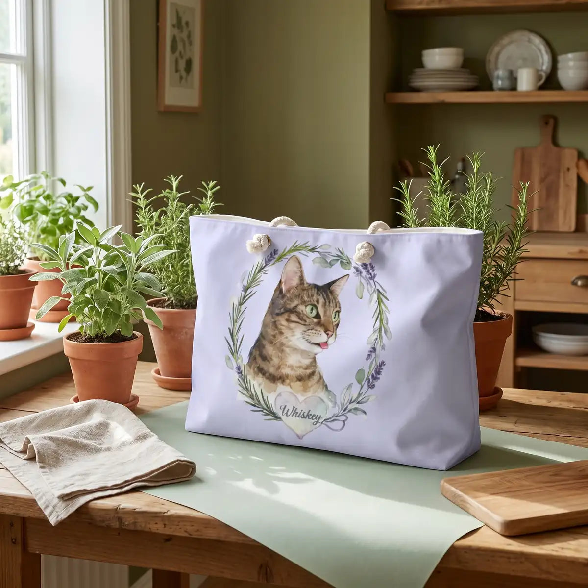 Custom Herb Wreath Weekender Bag in a styled home setting