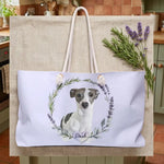 Custom Herb Wreath Weekender Bag photographed flat from above on linen