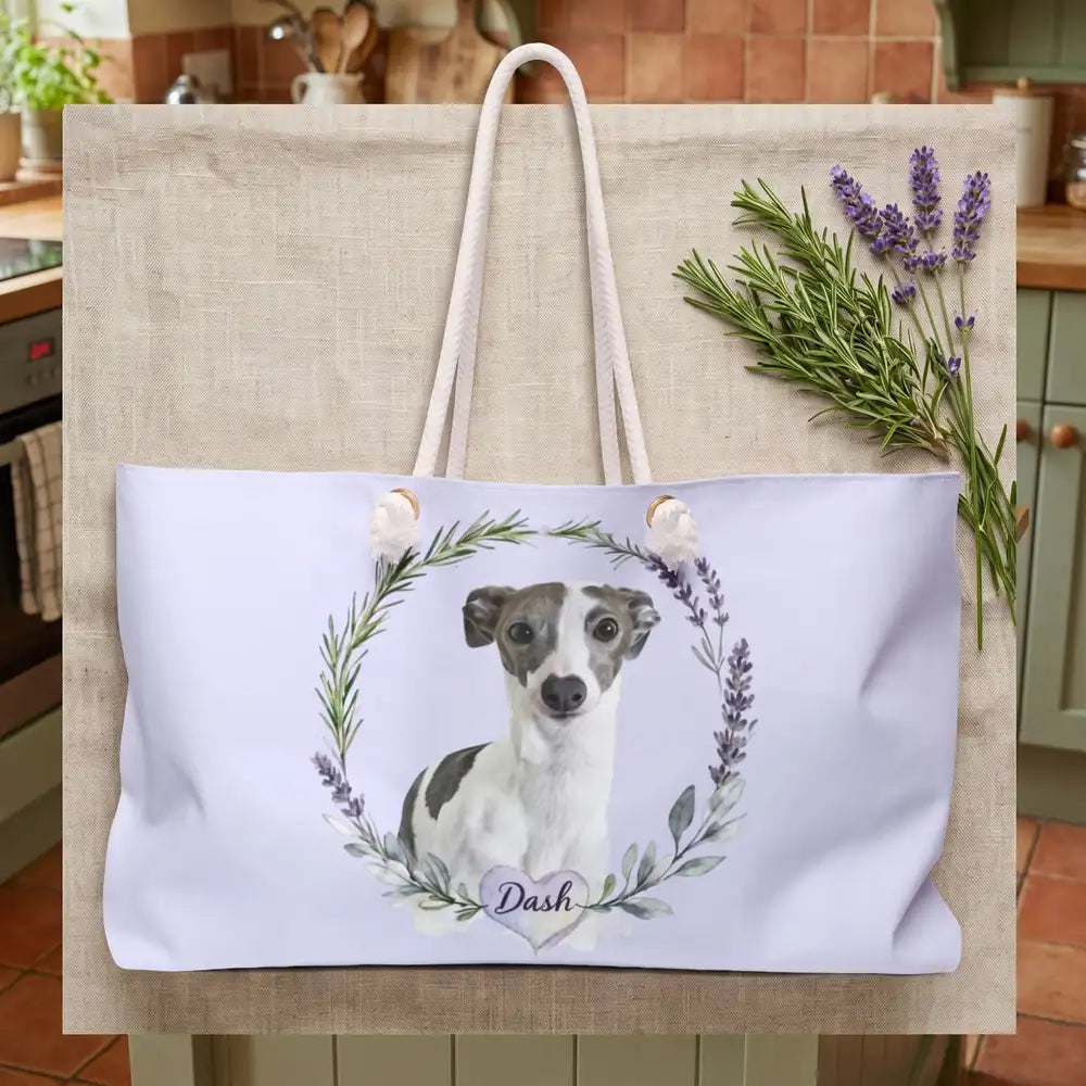 Custom Herb Wreath Weekender Bag photographed flat from above on linen