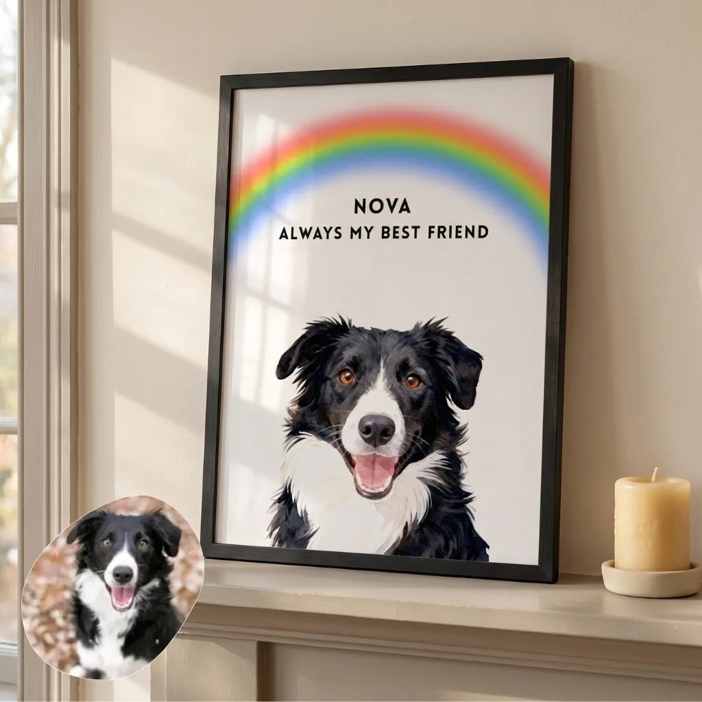Custom Memorial Pet Portrait with Rainbow resting on a mantelpiece