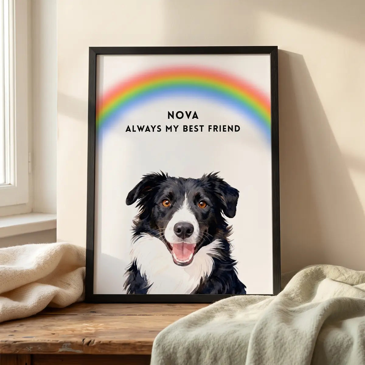 Custom Memorial Pet Portrait with Rainbow in a styled home setting