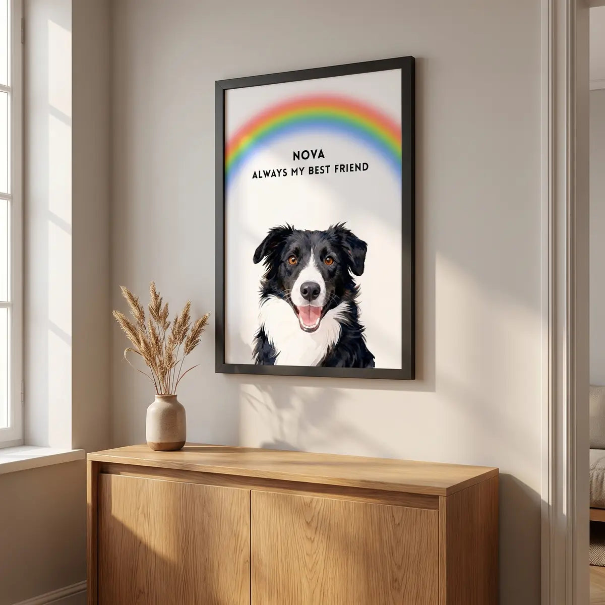 Custom Memorial Pet Portrait with Rainbow hanging on the wall above a console table