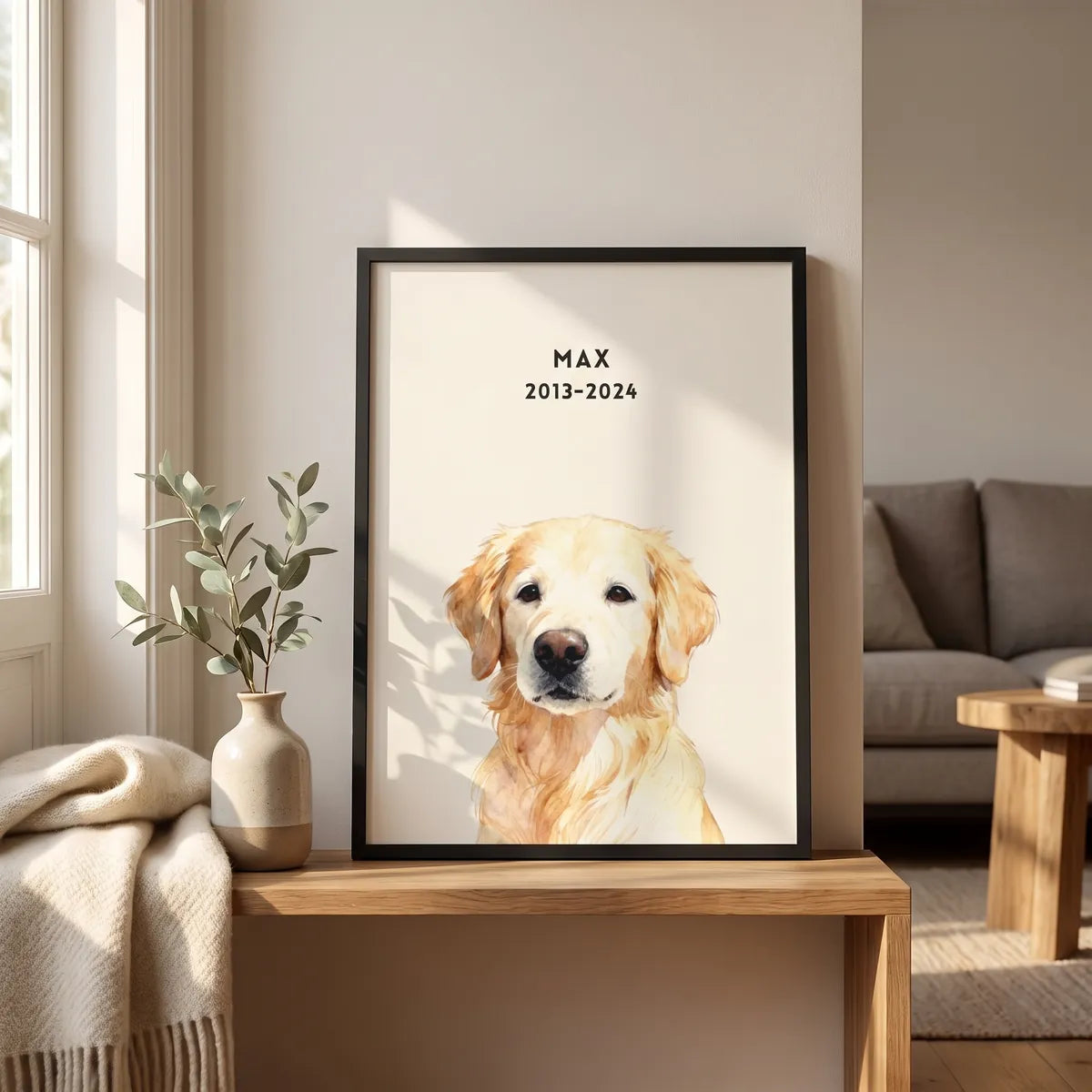 Custom Memorial Pet Portrait in a styled home setting