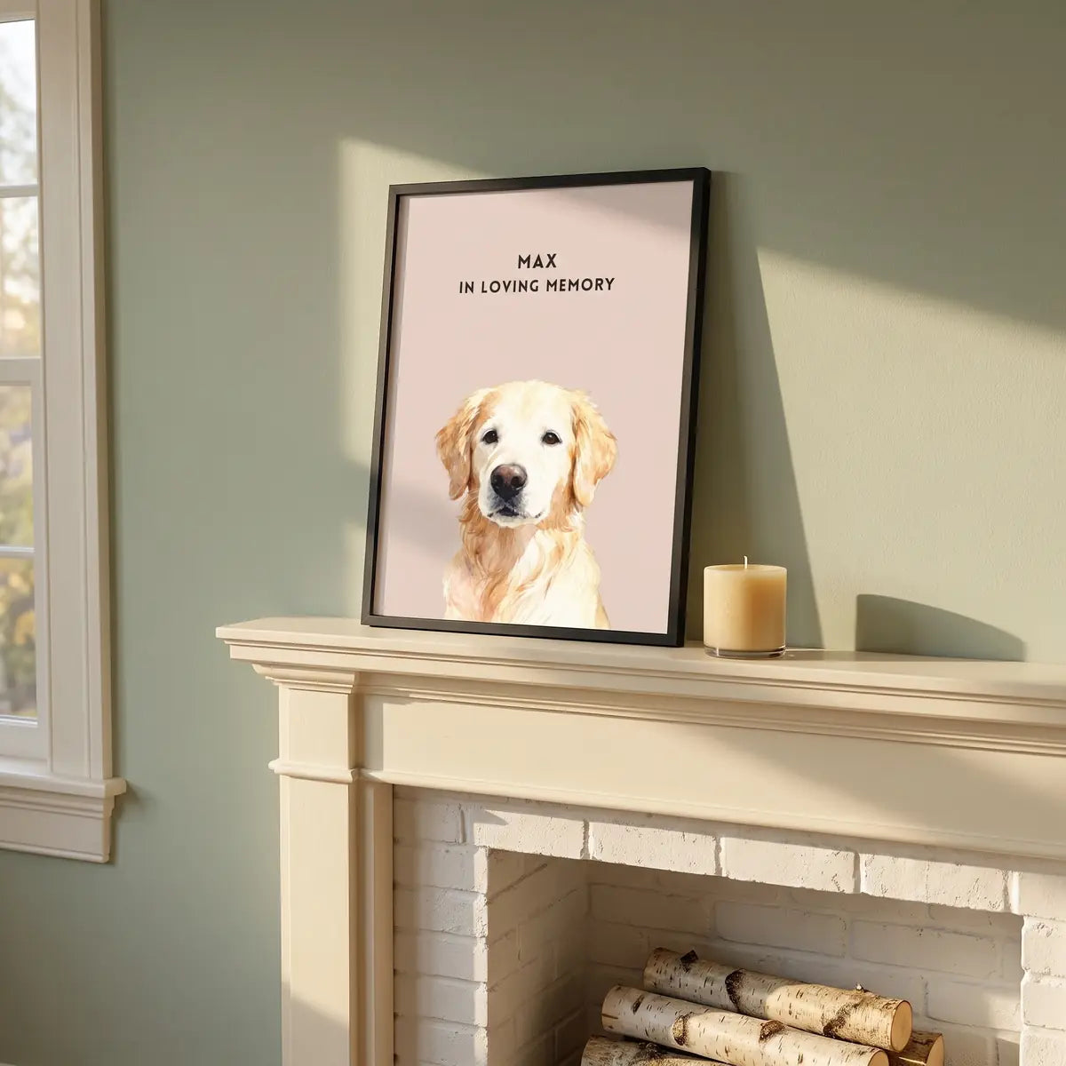 Custom Memorial Pet Portrait resting on a mantelpiece