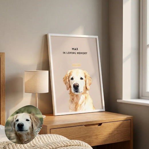 Custom Memorial Pet Portrait with Halo beside a bed on a bedside table