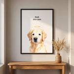 Custom Memorial Pet Portrait with Halo hanging on the wall above a console table