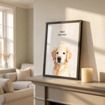 Custom Memorial Pet Portrait with Halo resting on a mantelpiece