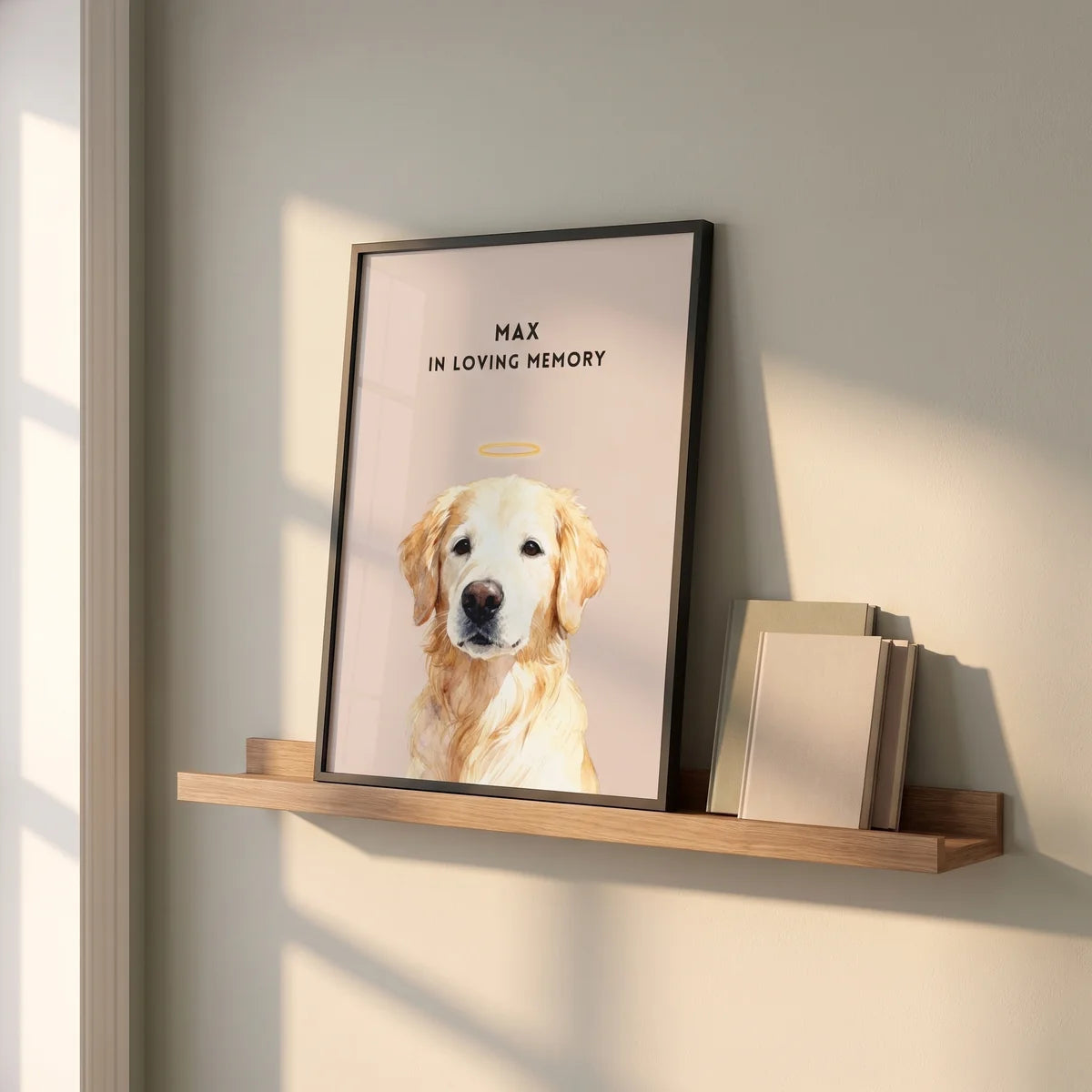 Custom Memorial Pet Portrait with Halo resting on a picture ledge