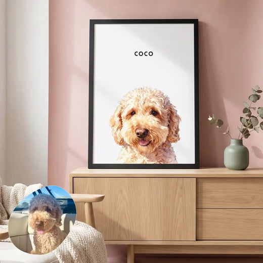 Custom Watercolor One Pet Portrait in a styled home setting