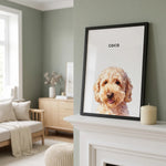 Custom Watercolor One Pet Portrait resting on a mantelpiece
