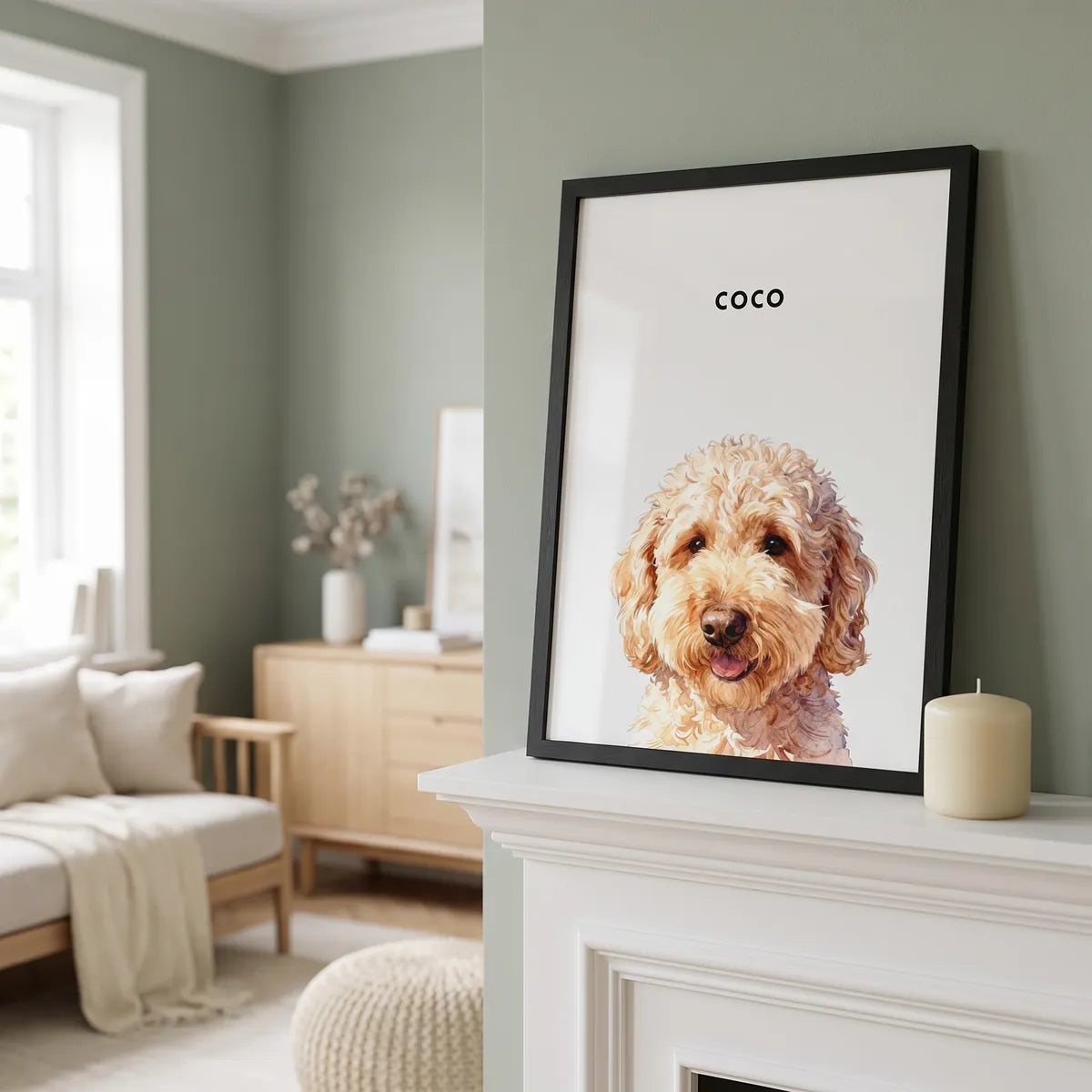 Custom Watercolor One Pet Portrait resting on a mantelpiece