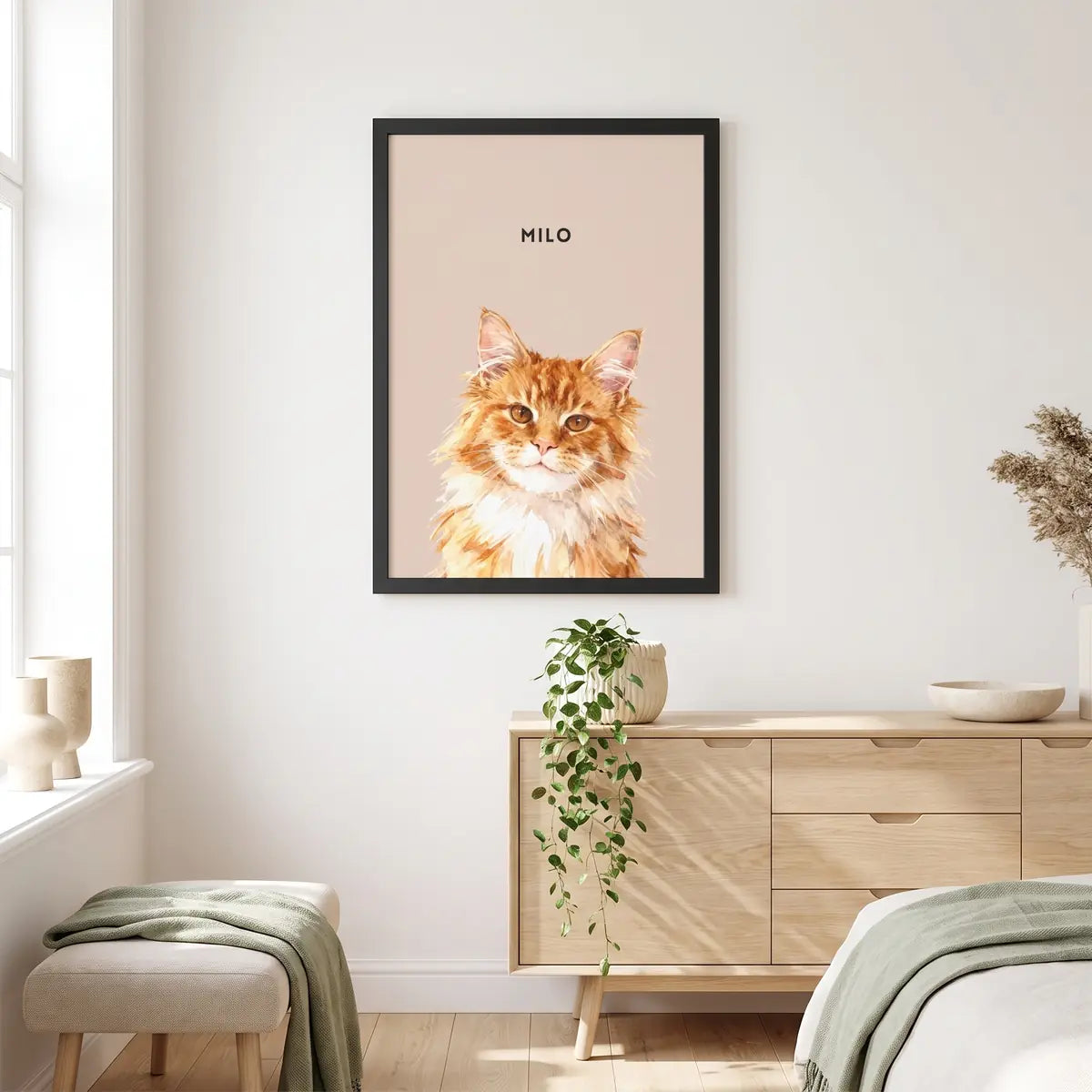 Custom Watercolor One Pet Portrait hanging on the wall above a console table